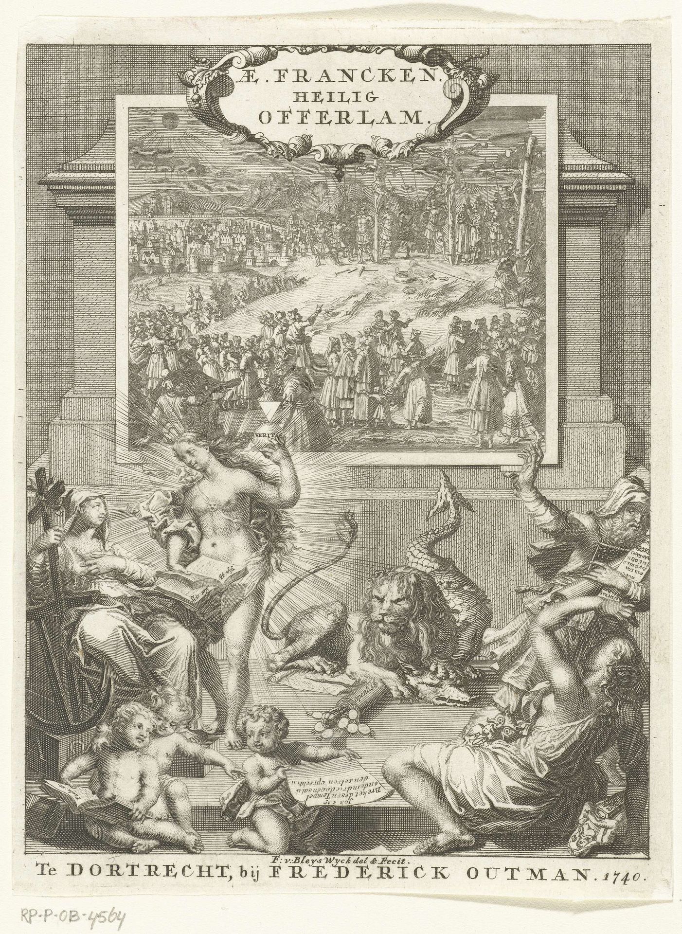 Kruisiging van Christus en allegorie met deugden by François van Bleyswijck