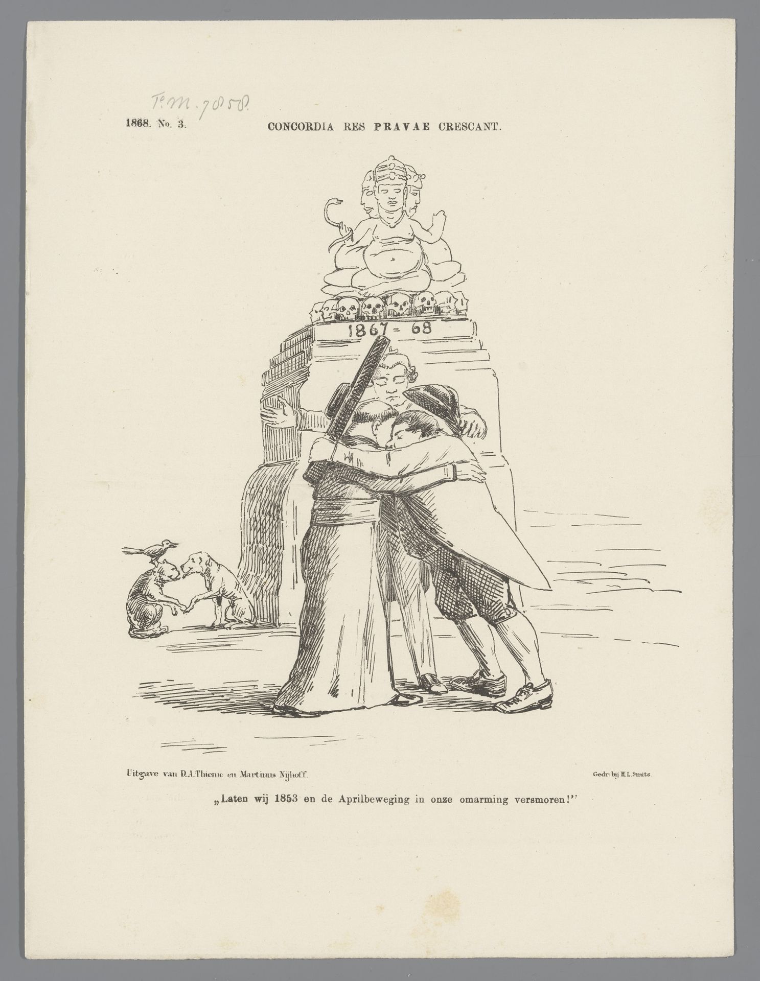 Spotprent op de verbroedering van de clericalen en de conservatieven bij de stembus, 1868 by Johan Michaël Schmidt Crans