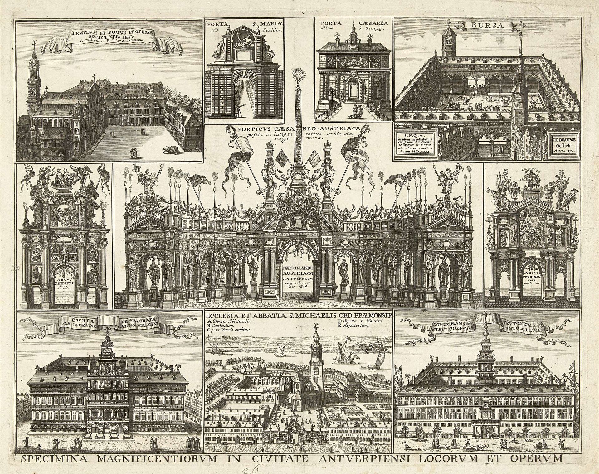 Blad met tien voorstellingen van de intocht van de Kardinaal Infant Ferdinand te Antwerpen, 1635 by Hendrik Causé