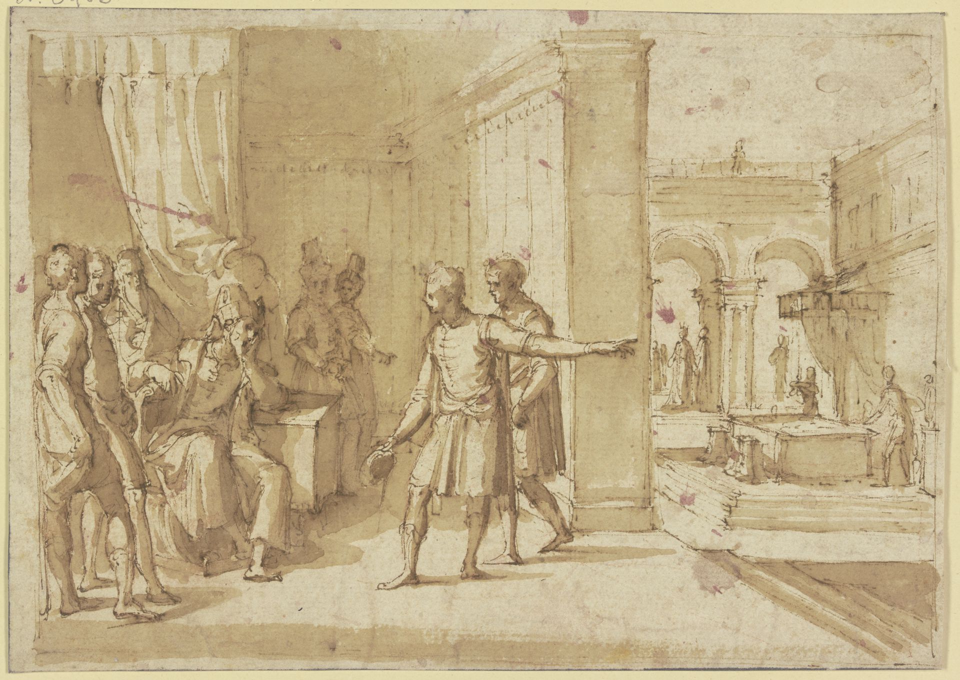 Ein Fürst sitzt in seinem Gemach umgeben von Dienern, im Hofe ist ein Tisch unter einem Baldachin errichtet, auf welchen ein vor dem Fürsten sitzender Diener deutet by Alessandro Allori