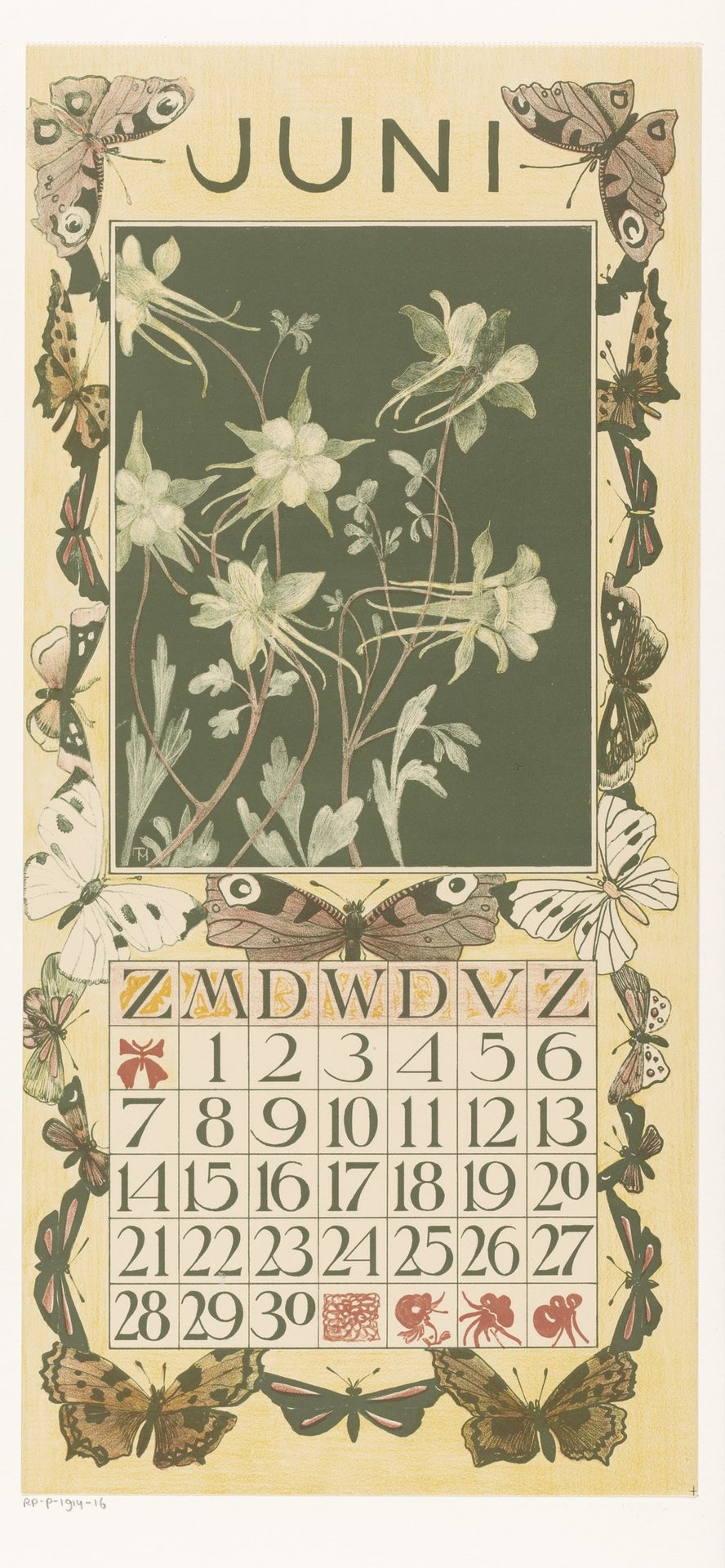 Kalenderblad juni met akeleien en vlinders by Theo van Hoytema