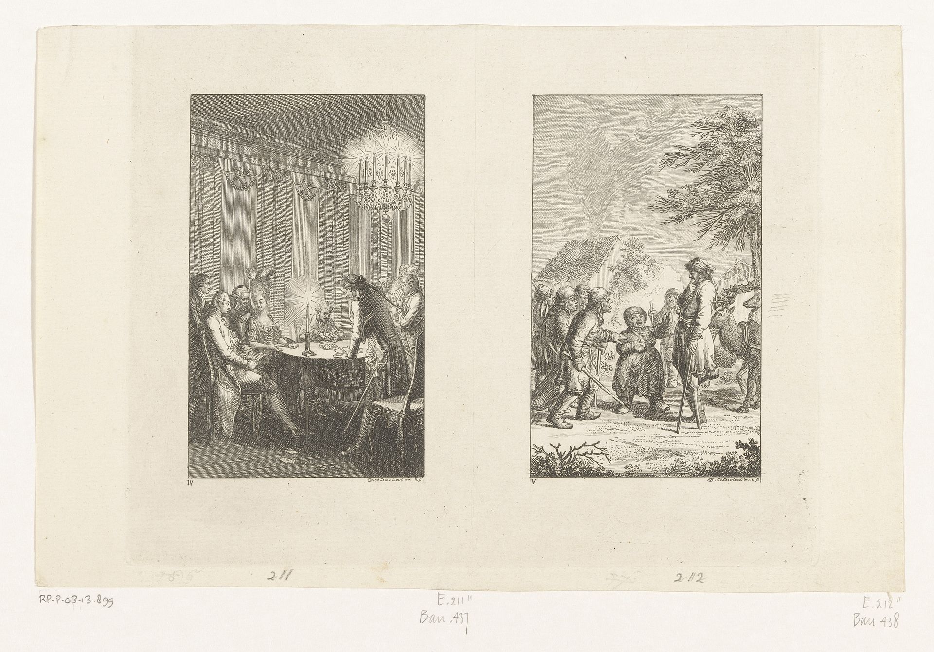 Candide speelt kaart en Candide in Noorwegen by Daniel Nikolaus Chodowiecki