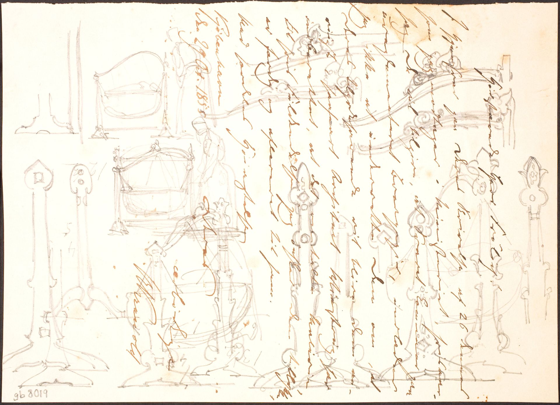 Møbelskitser tegnet over et brev by Lorenz Frølich