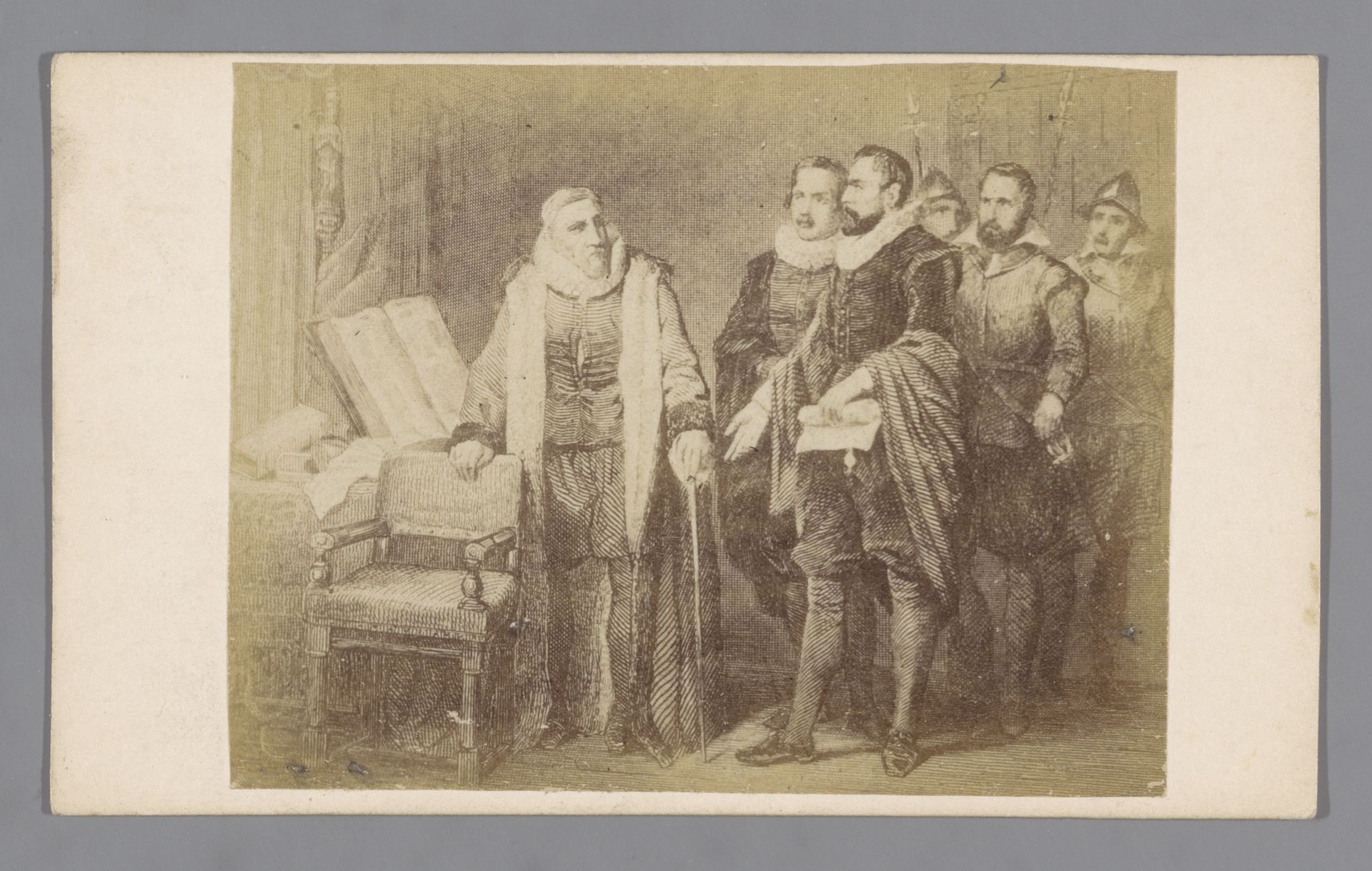 Fotoreproductie van een gravure van Johan van Oldenbarnevelt die zijn vonnis voorgelezen krijgt op 12 mei 1619 by Anonymous