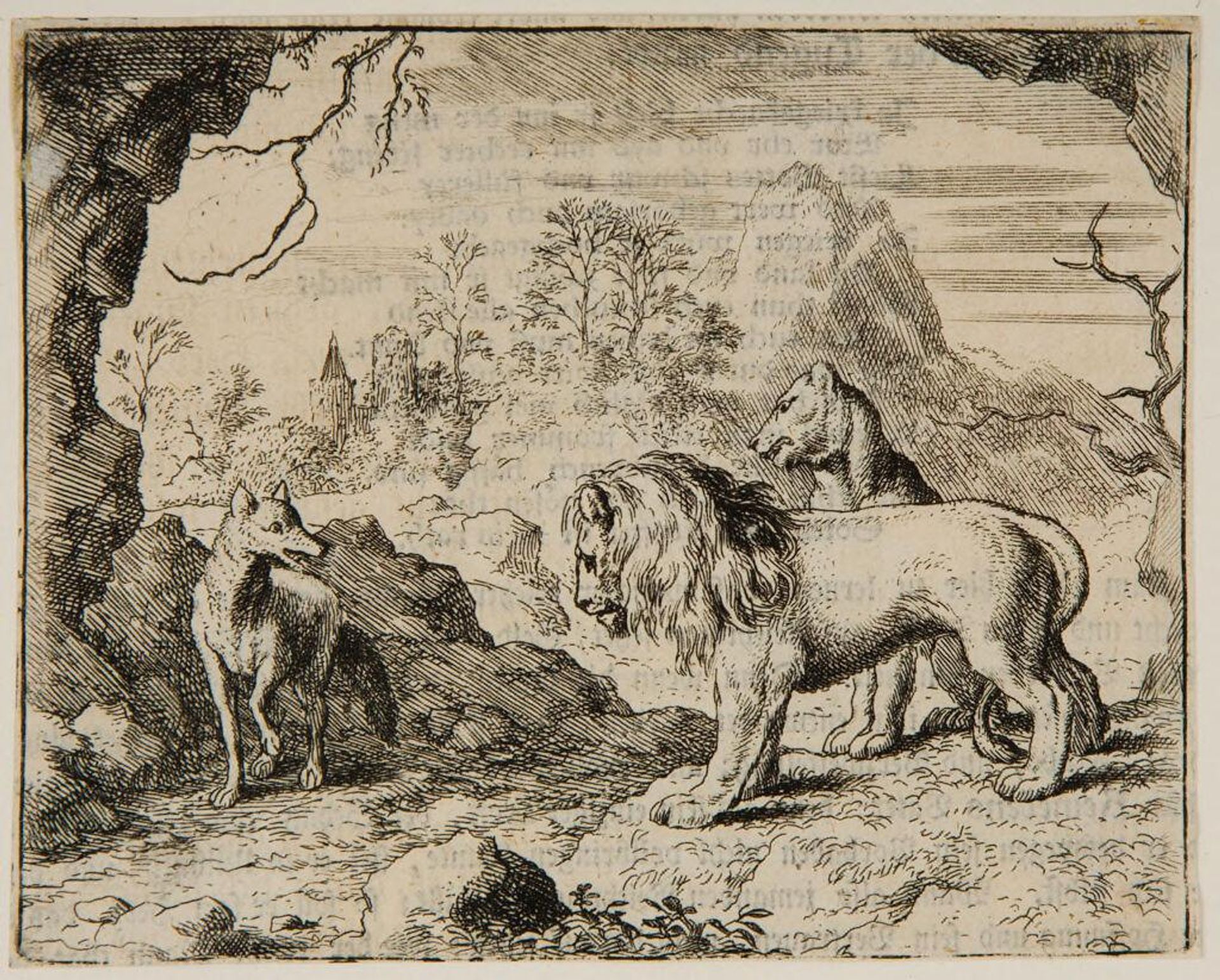 Reynard conducts Lion and lioness in wilderness by Allart van Everdingen