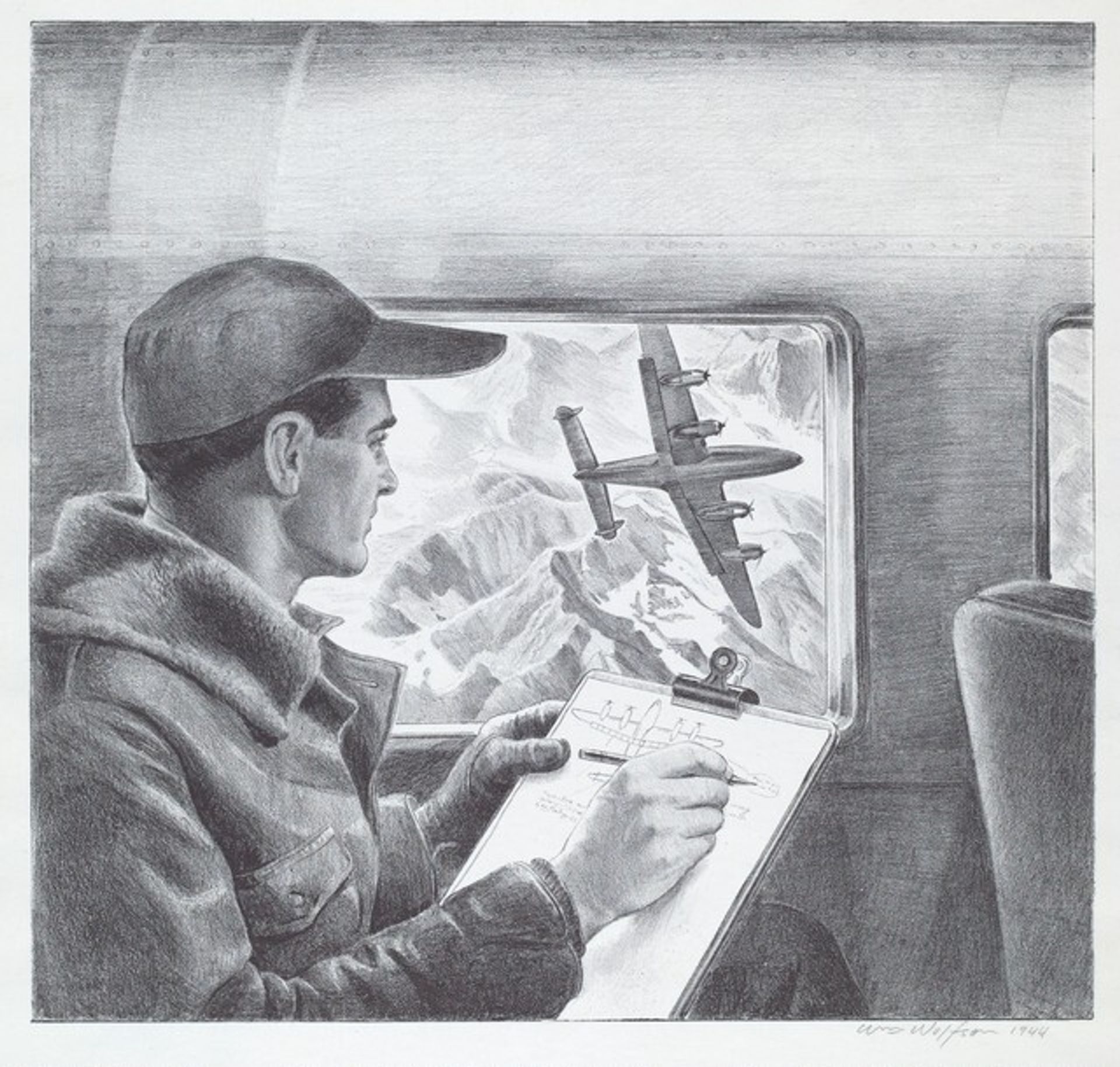 Untitled (Engineer Making Notes on Plans as he Watches Bomber Maneuvering Over Mountains) by William Wolfson