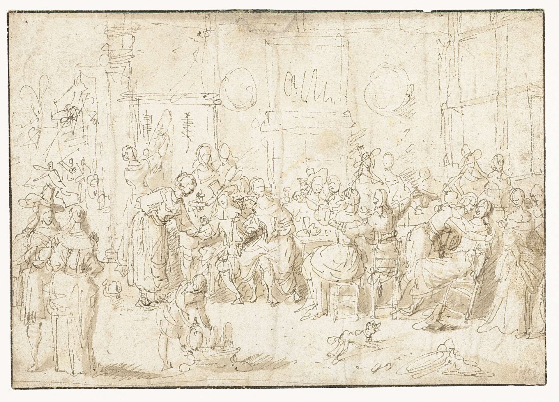 Interieur met vrolijk gezelschap rond een tafel by Willem van (I) Herp