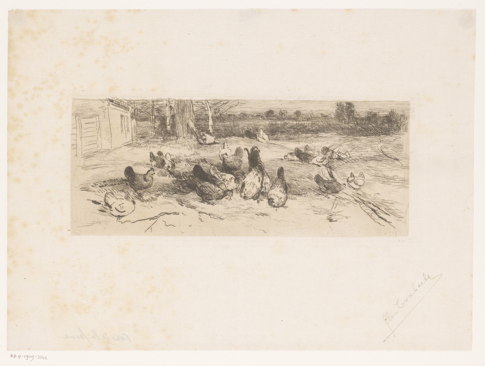 Kippen in het gras langs een weg by Florent Nicolas Crabeels