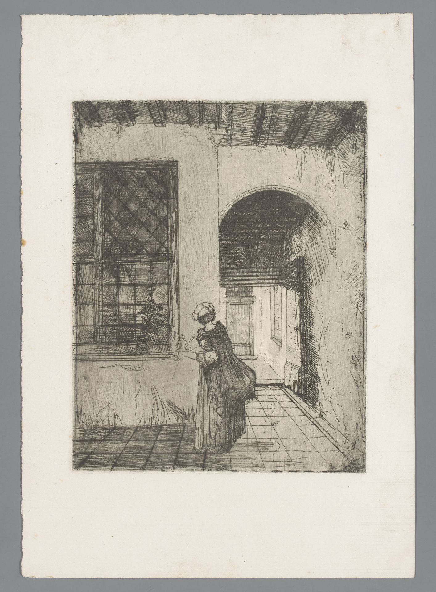 Vrouw met een theeservies in de gang van een woning by Willem (II) Linnig