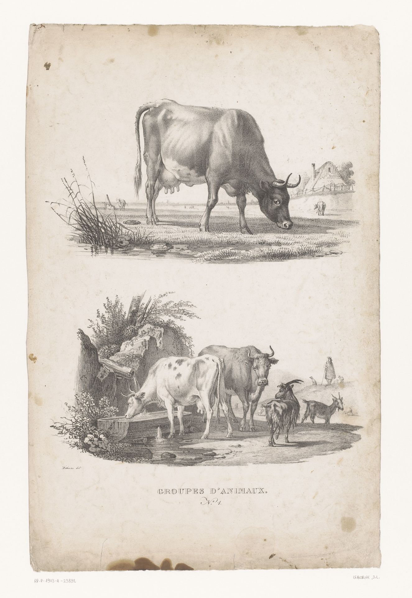 Koe en herder met koeien en geiten by Joseph Louis Leborne