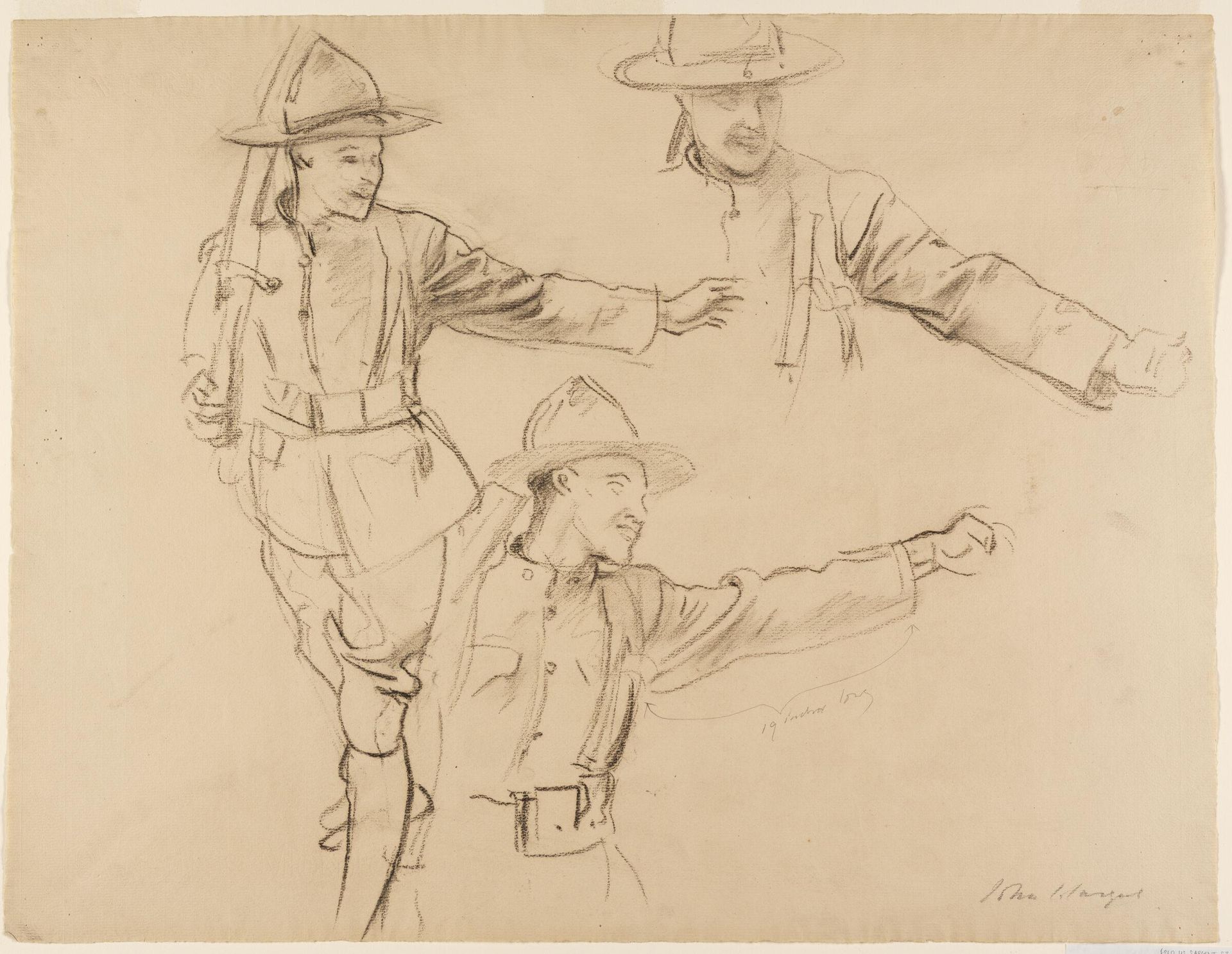 Studies of Three Soldiers with Rifles, Left Arms Extended, for "Coming of the Americans," Widener Library, Harvard University by John Singer Sargent