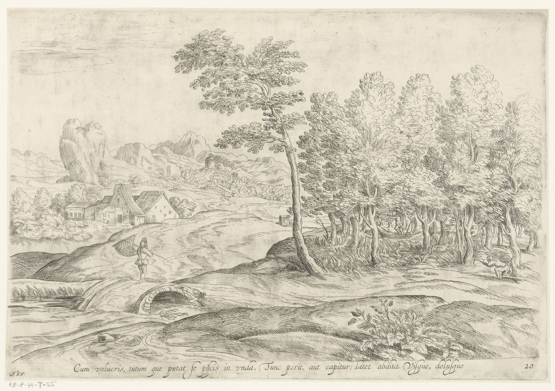 Landschap met jagers en man met net op brug by Anonymous
