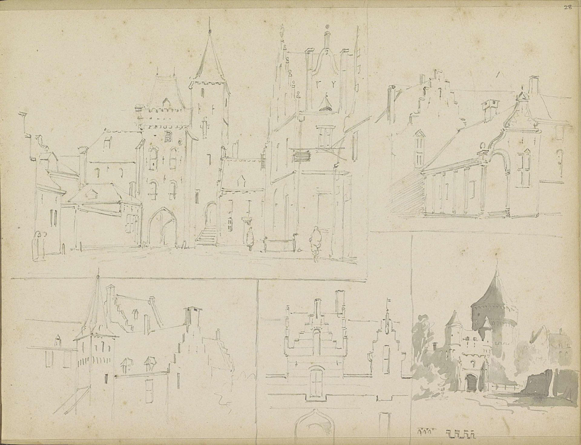 Studieblad met gebouwen by Adrianus Eversen