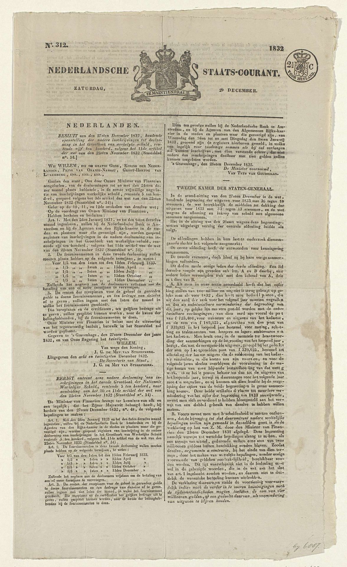 Nederlandse Staatscourant van 29 december 1832 by Algemeene Landsdrukkerij