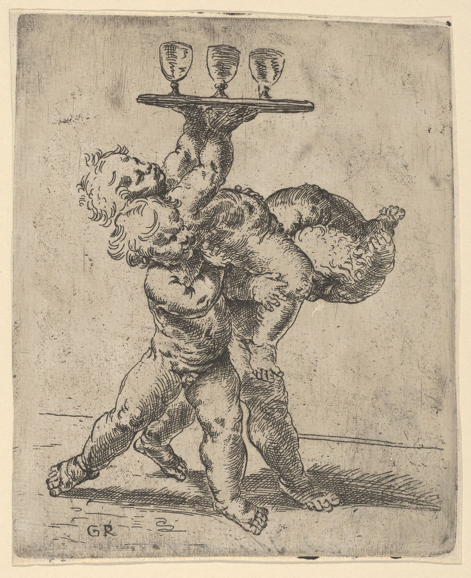 Two naked boys carrying a third who supports a tray with three goblets, after Reni by Anonymous