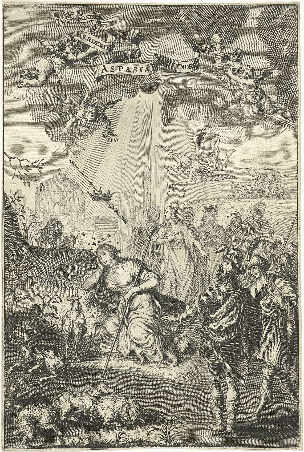 Herderin Aspasia ligt slapend bij haar kudde terwijl omstanders toekijken hoe een kroon en scepter neerdalen uit de hemel by Cornelis van Dalen I