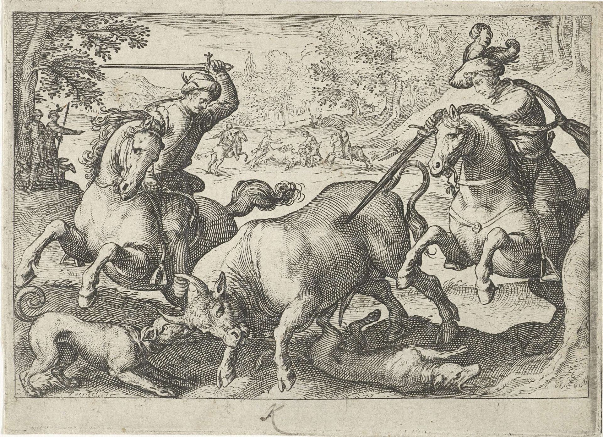 Landschap met jacht op stieren by Egbert Jansz.