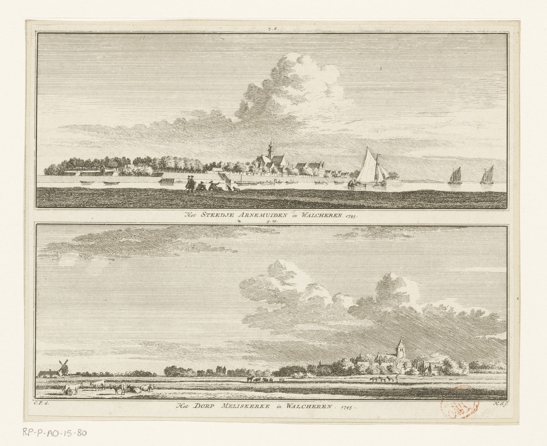 Gezicht op Arnemuiden en gezicht op Meliskerke, 1745 by Hendrik Spilman