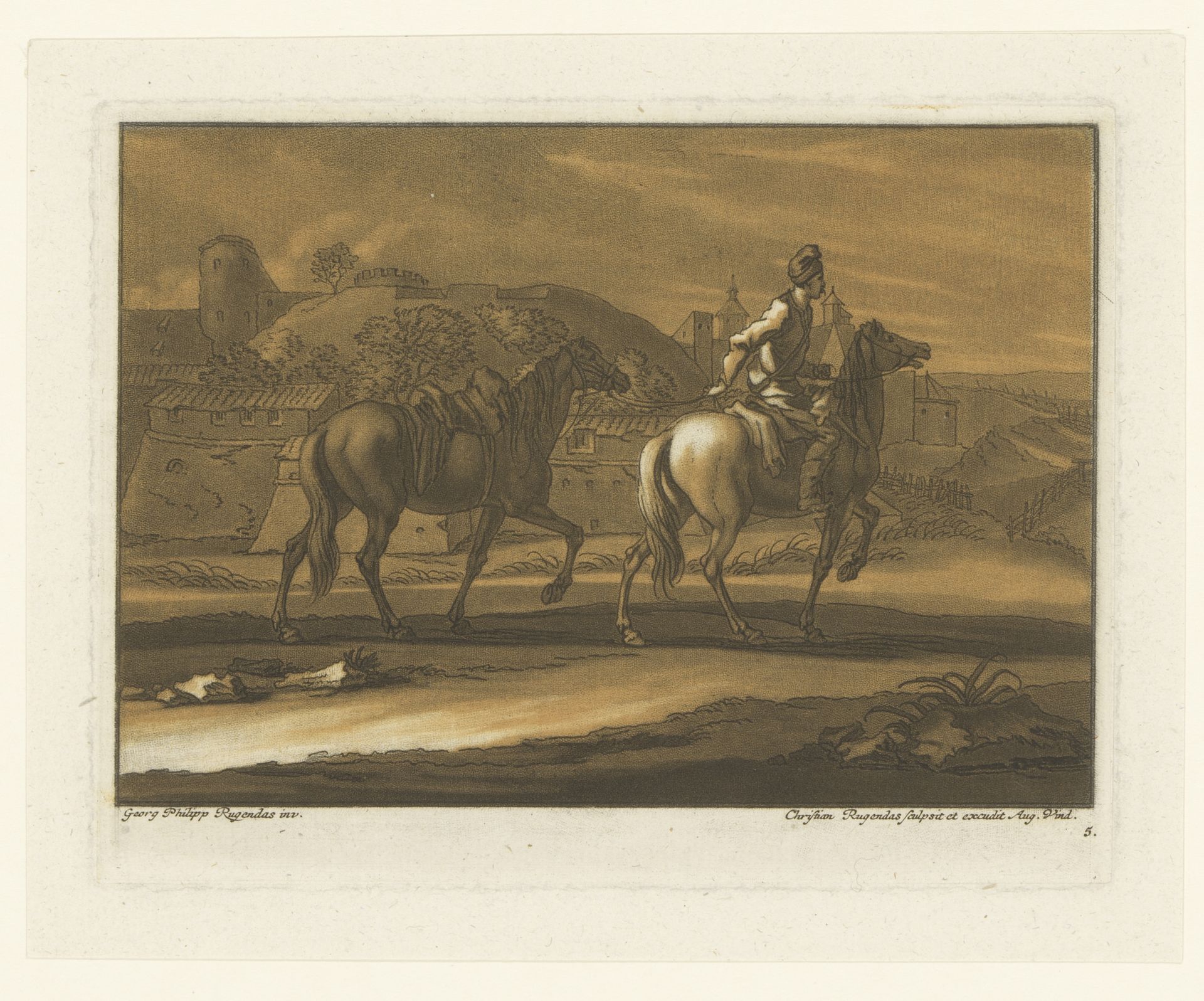 Ruiter geleidt een paard by Christian Rugendas