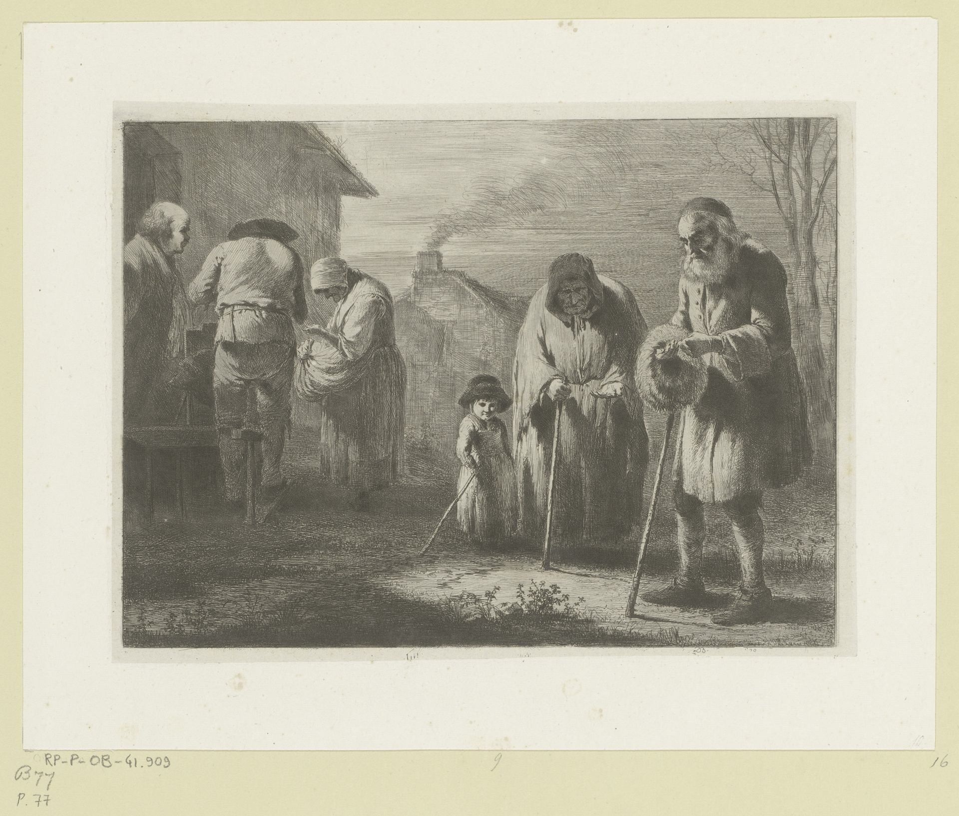 Oude man geeft een aalmoes aan een bedelares by Jean Jacques de Boissieu