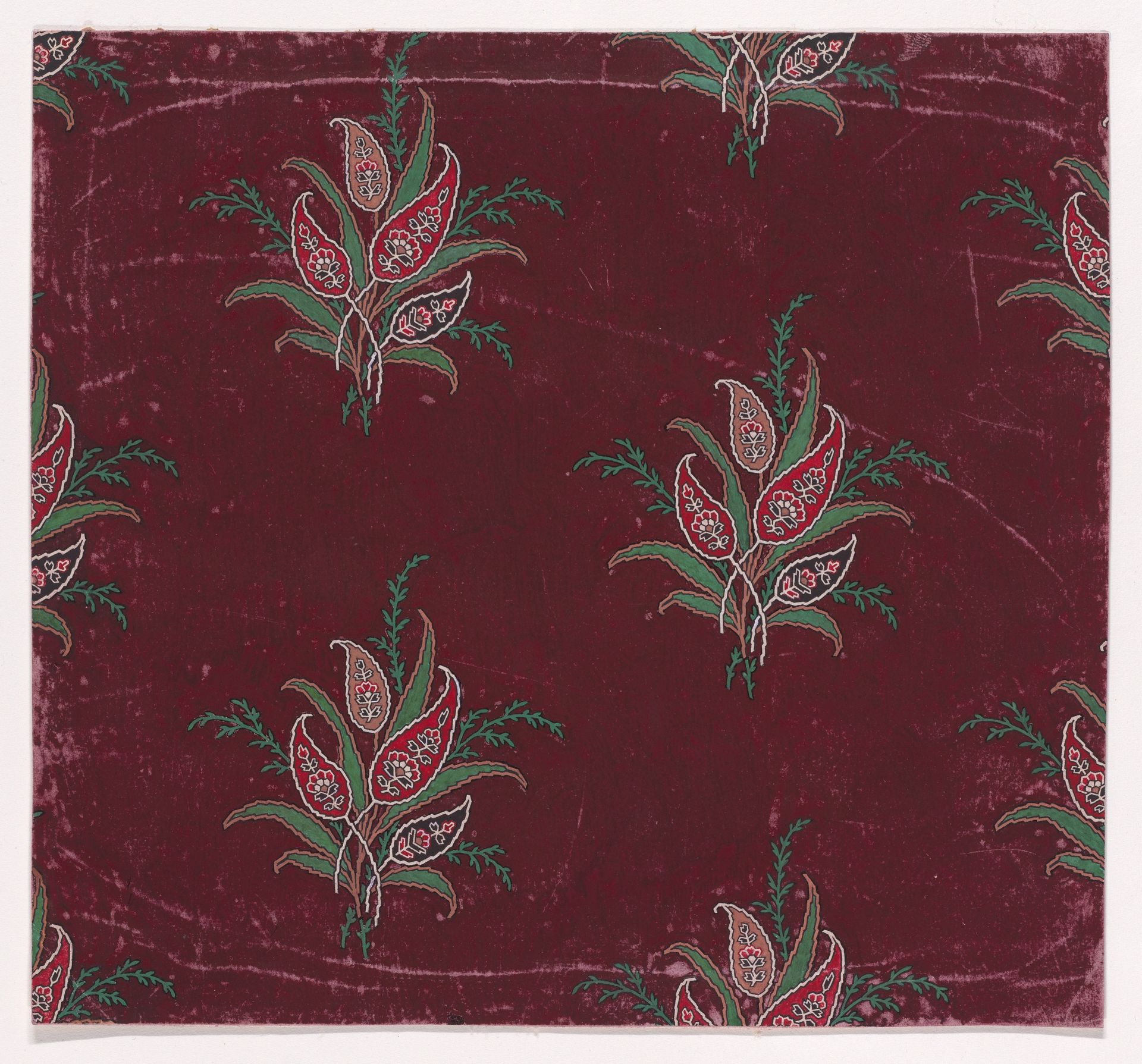 Textile Design with Bundles of Paisley Motifs, Stylized Leaves and Stylized Branches with Leaves by Anonymous