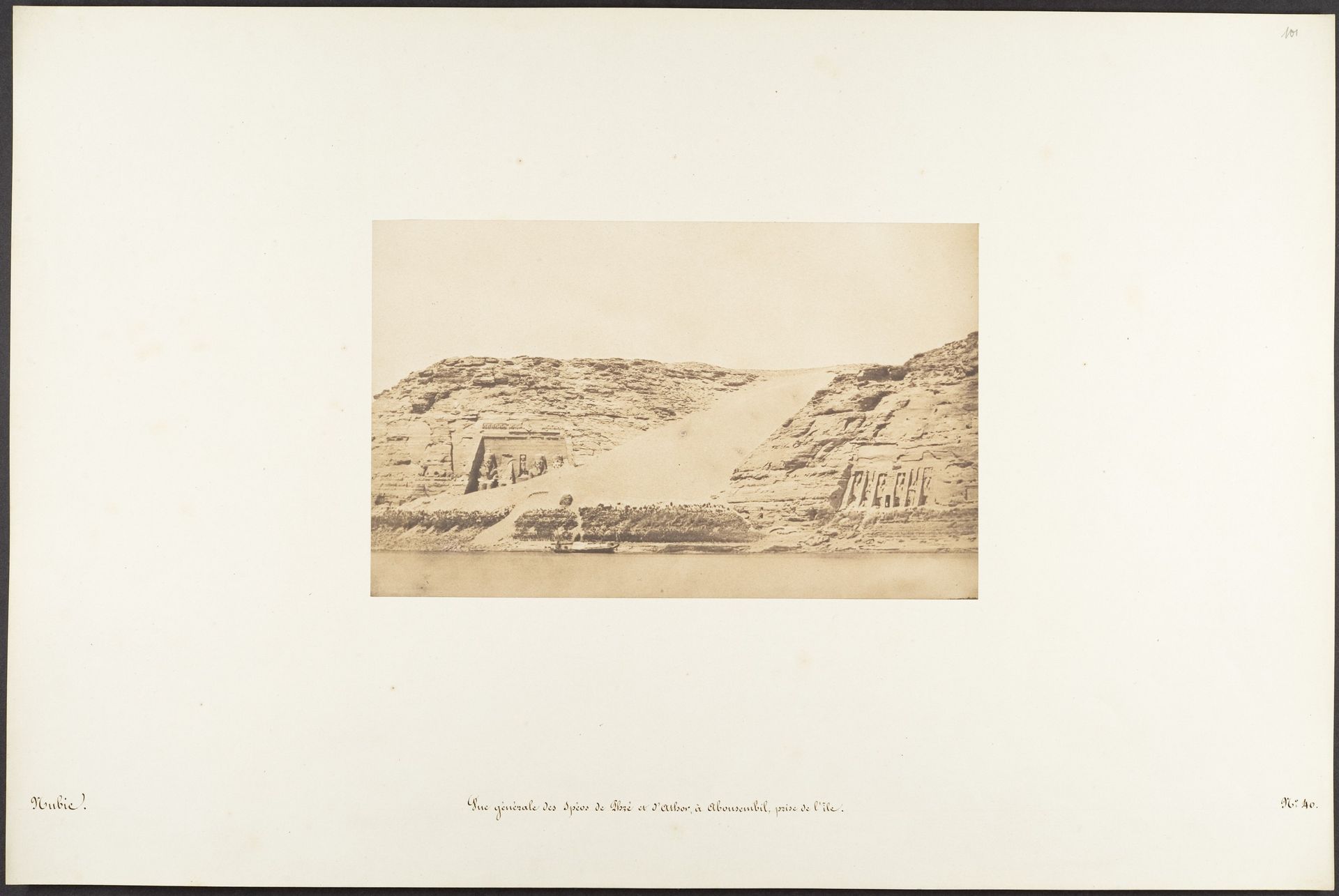 Vue générale des Spéos de Phré et d'Athor, à Abousembil, prise de l'île by Maxime Du Camp