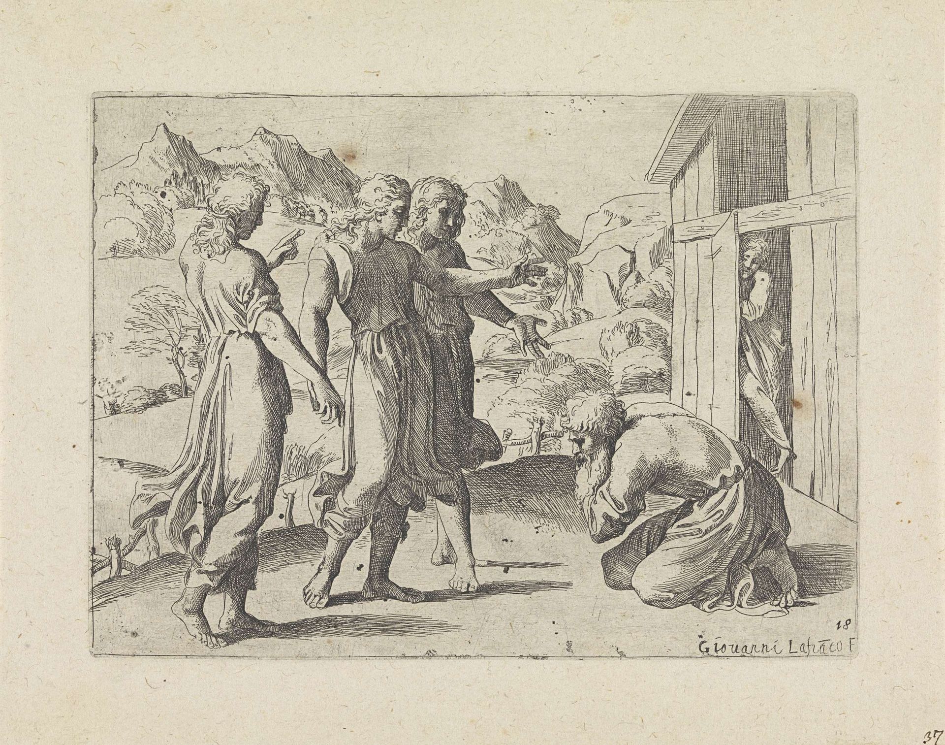 Abraham verwelkomt de drie engelen by Giovanni Lanfranco