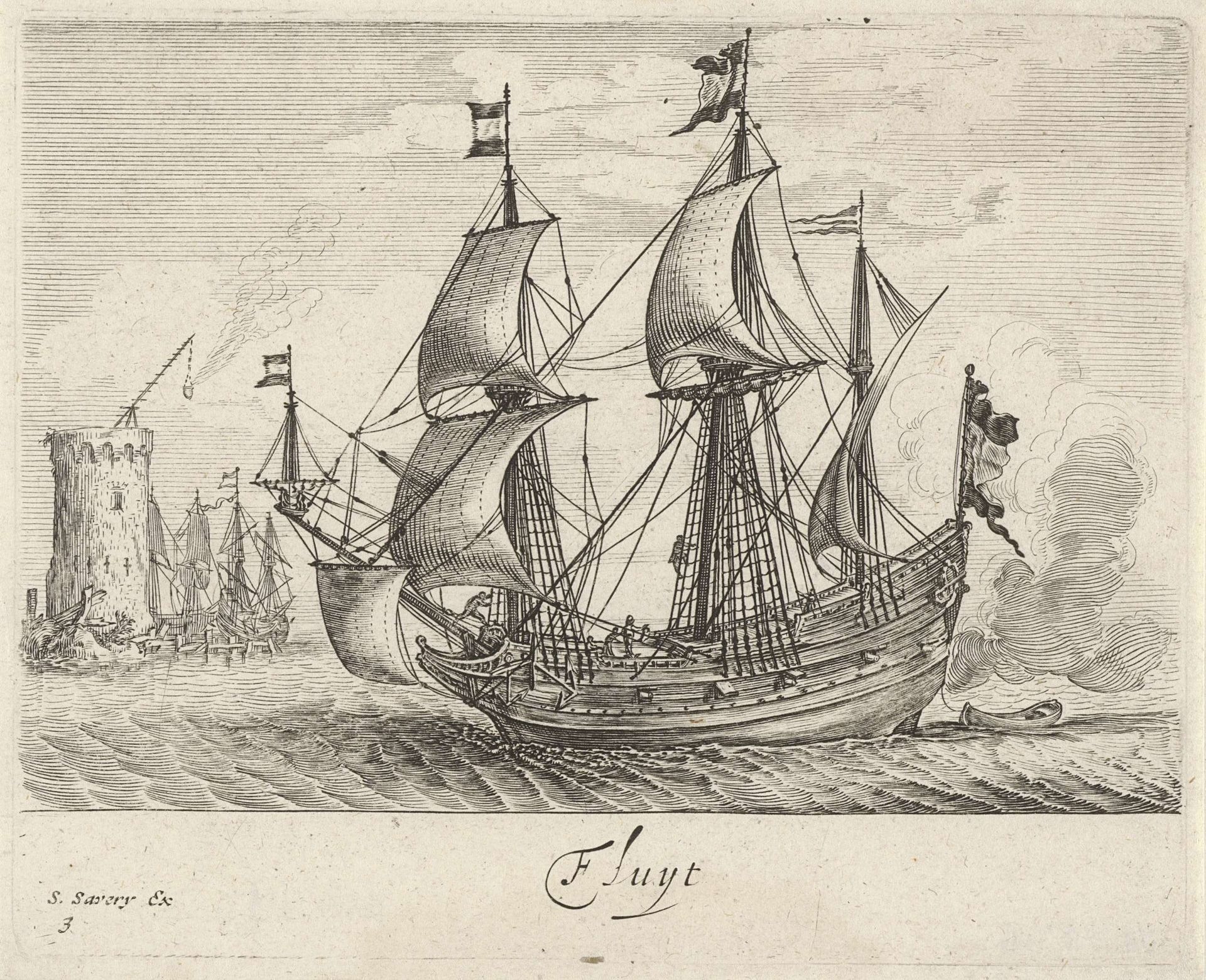 Zeilende driemaster met op de achtergrond een vuurtoren en zeilschepen by Salomon Savery