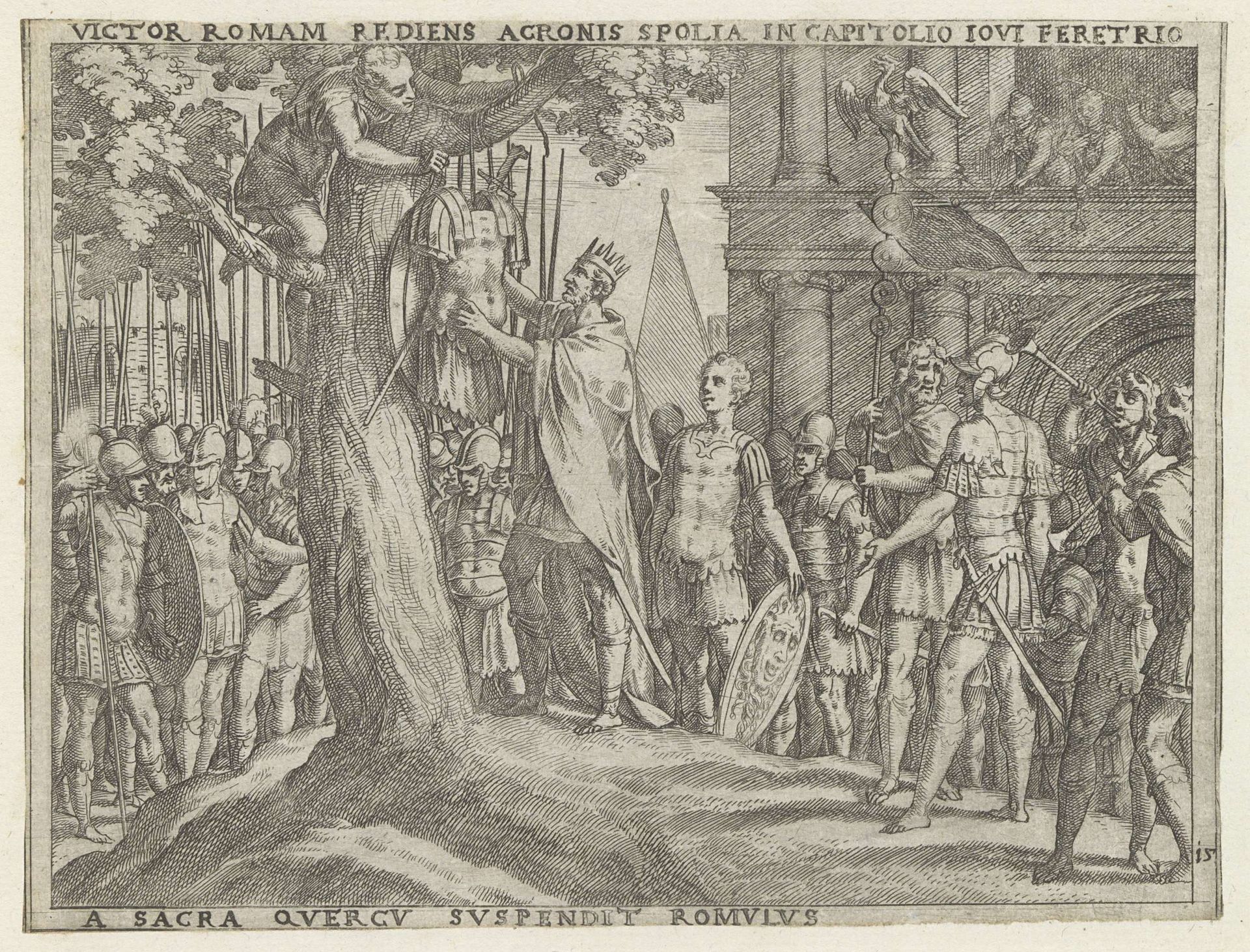 Romulus hangt het harnas van Acron in een heilige boom op het Capitool by Giovanni Battista Fontana