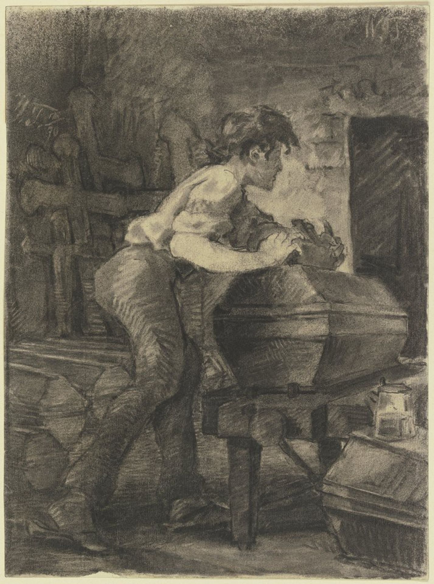 Ein junger Schreiner hobelt in der Werkstatt an einem Sarg by Wilhelm Trübner