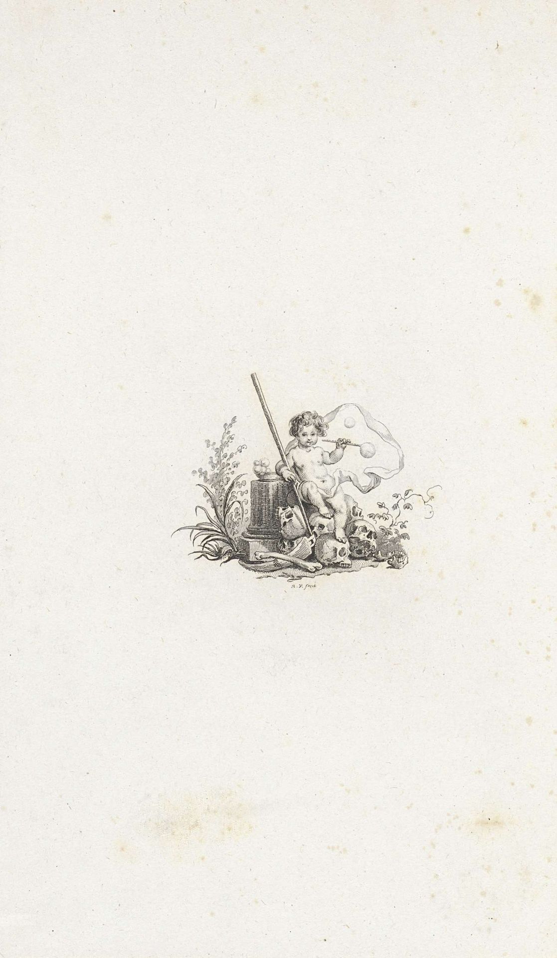 Vignet met een bellenblazende putto op een berg van schedels by Reinier Vinkeles
