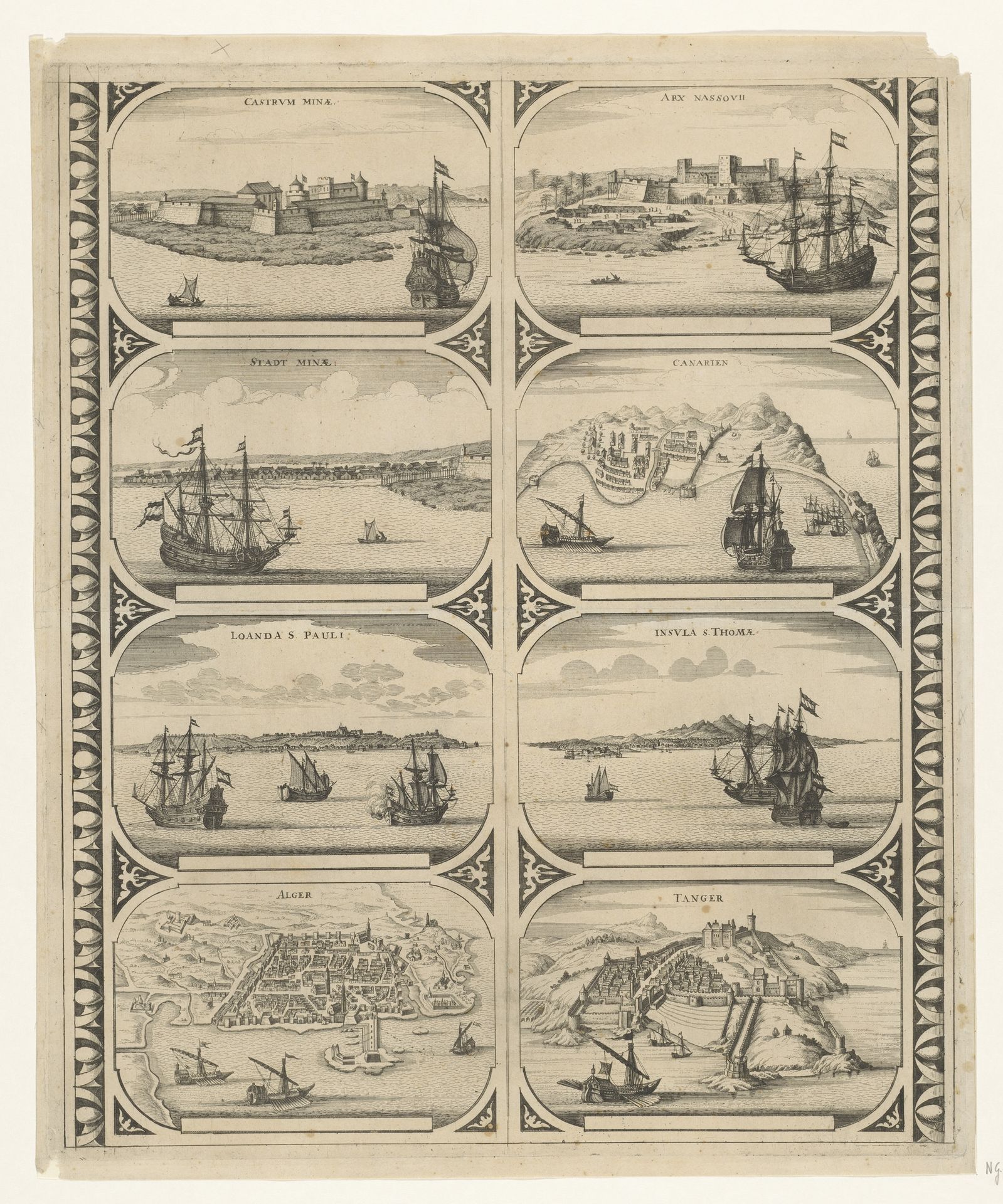 Castrvm Minae / Stadt Minae / Loanda S. Pauli / Alger / Arx Nassovii / Canarien / Insvla S. Thomae / Tanger by Anonymous