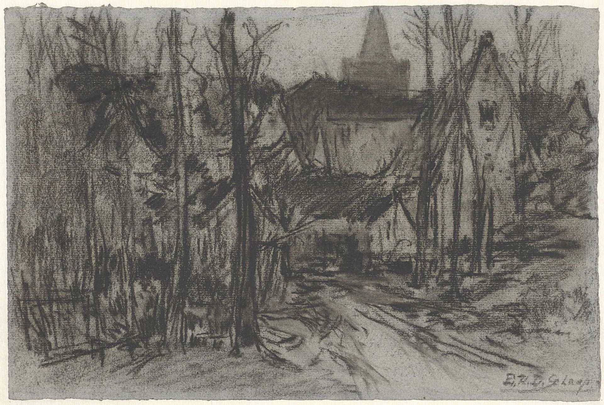 Gezicht op een dorp door de bomen by Egbert Rubertus Derk Schaap
