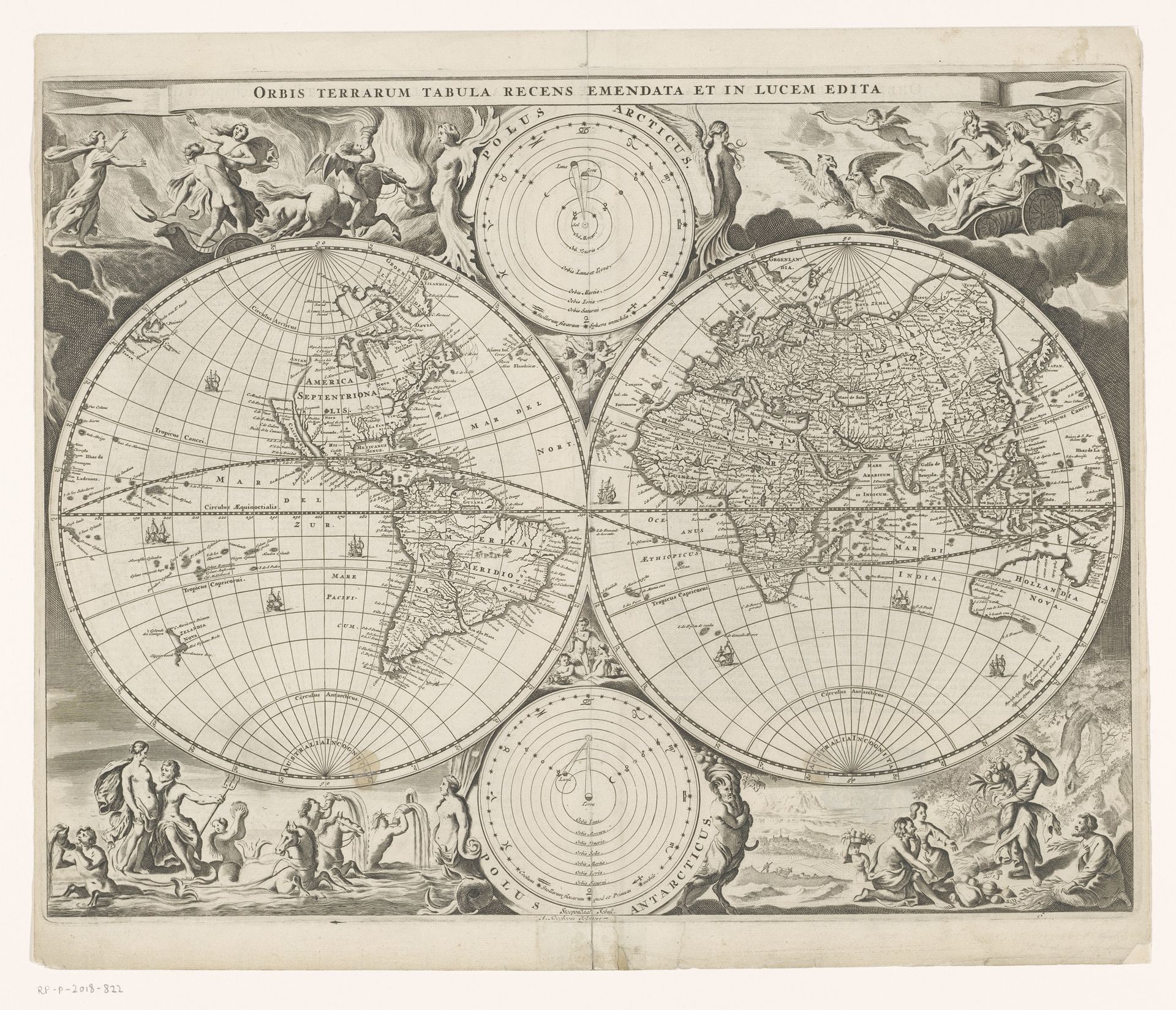 Wereldkaart met allegorie op de vier elementen by Bastiaen Stopendael