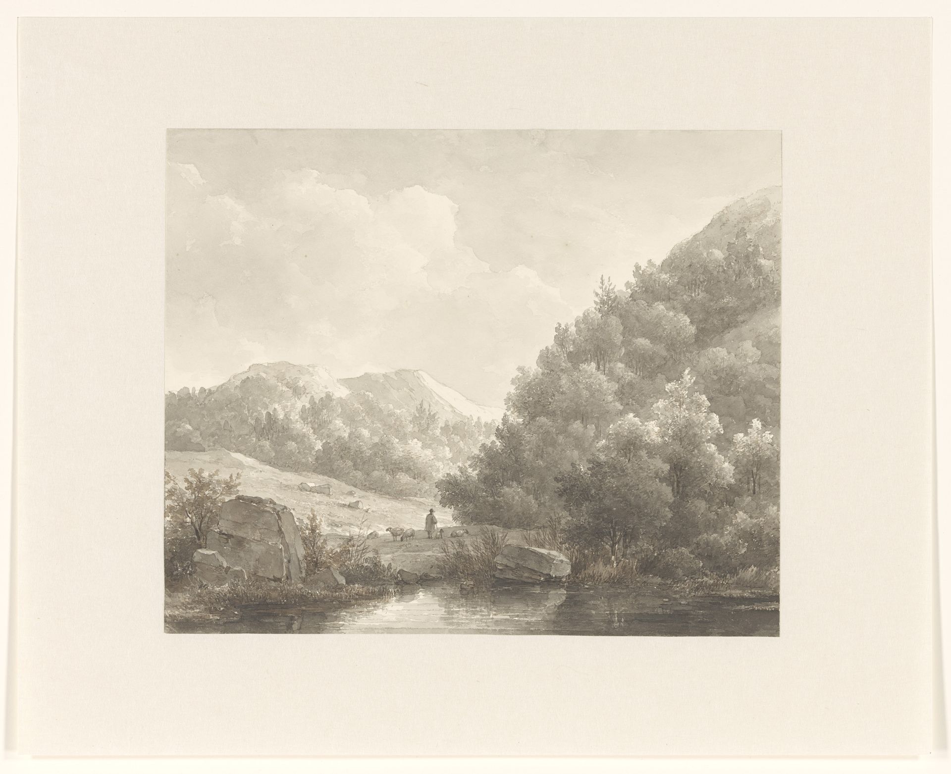 Berglandschap met beekje, herder en schapen by Andreas Schelfhout