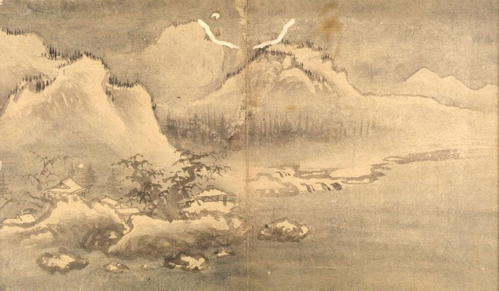Winter Landscape with a Village Nestled amongst Leafless Trees below Snow-Covered Peaks by Manner of Kim MyÅngkuk [Gim Myeong-guk]
