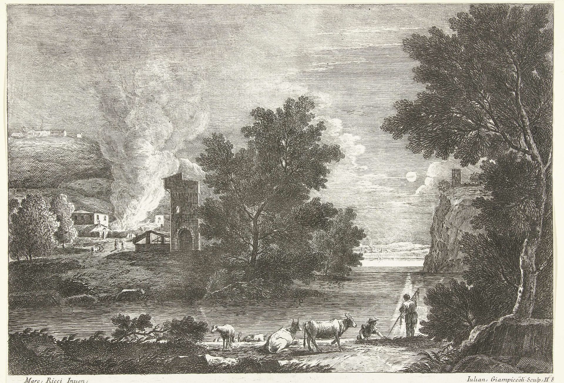 Landschap bij maanlicht met brand by Giuliano Giampiccoli