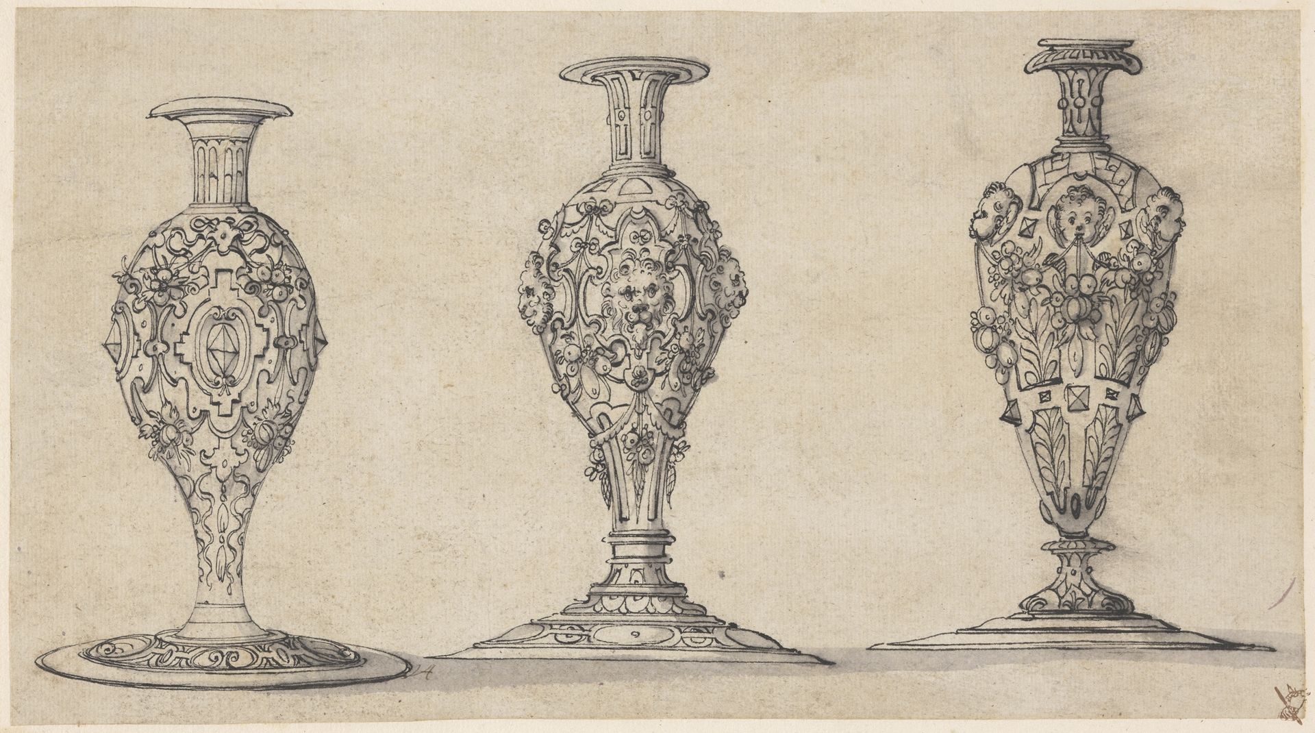 Ontwerp voor drie voeten van drinkschalen by Jost Amman