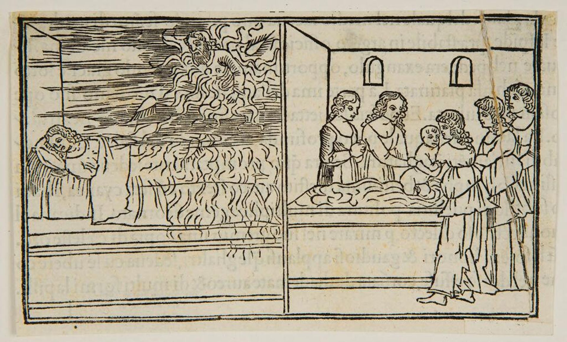 The first two reliefs on the fourth car (Festival of Bacchus) - Jupiter appearing before Semele as the god of thunder; her child, the new-born Bacchus, put in a bath. (Fol. l verso) by Anonymous