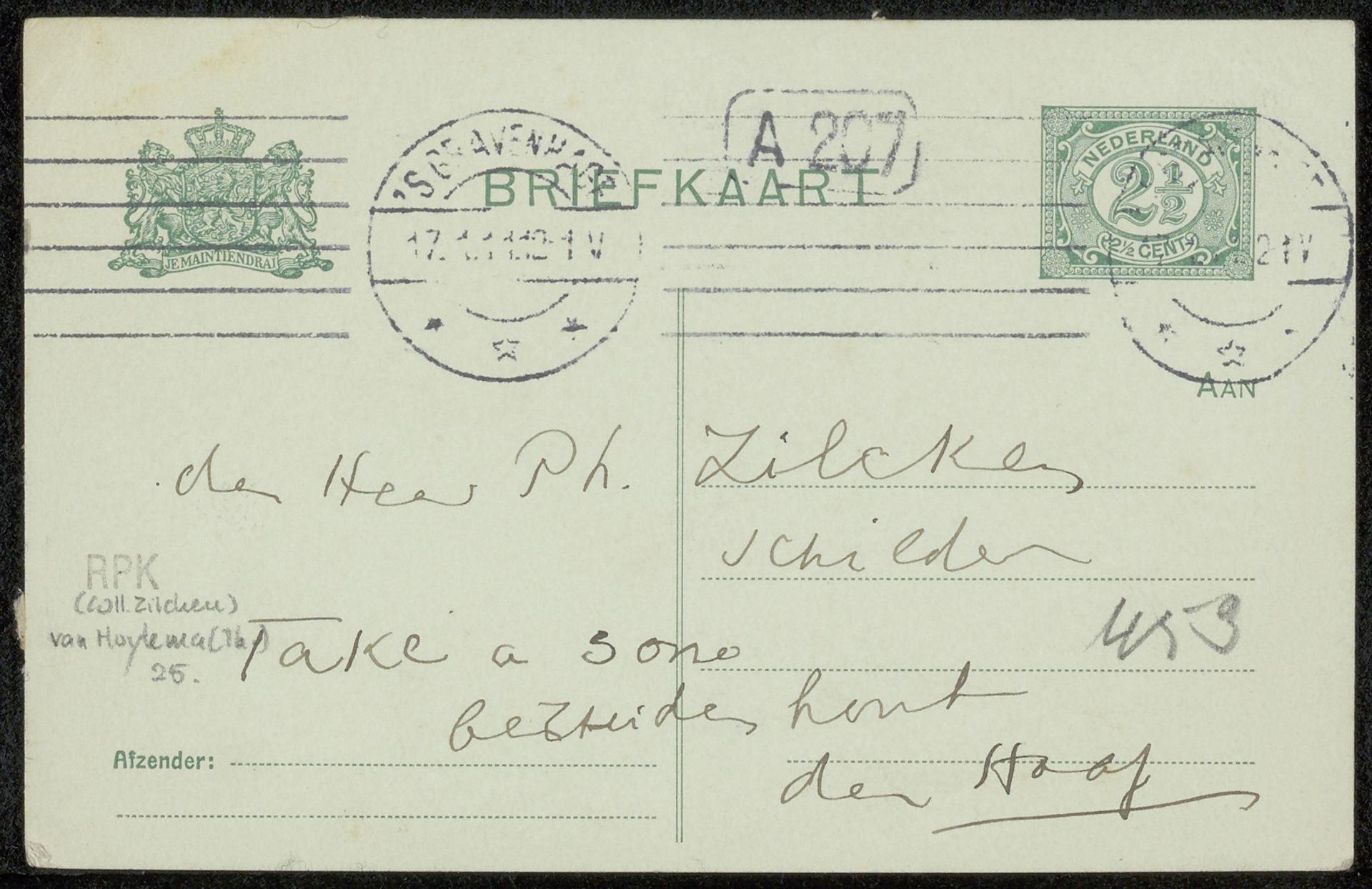 Briefkaart aan Philip Zilcken by Theo van Hoytema