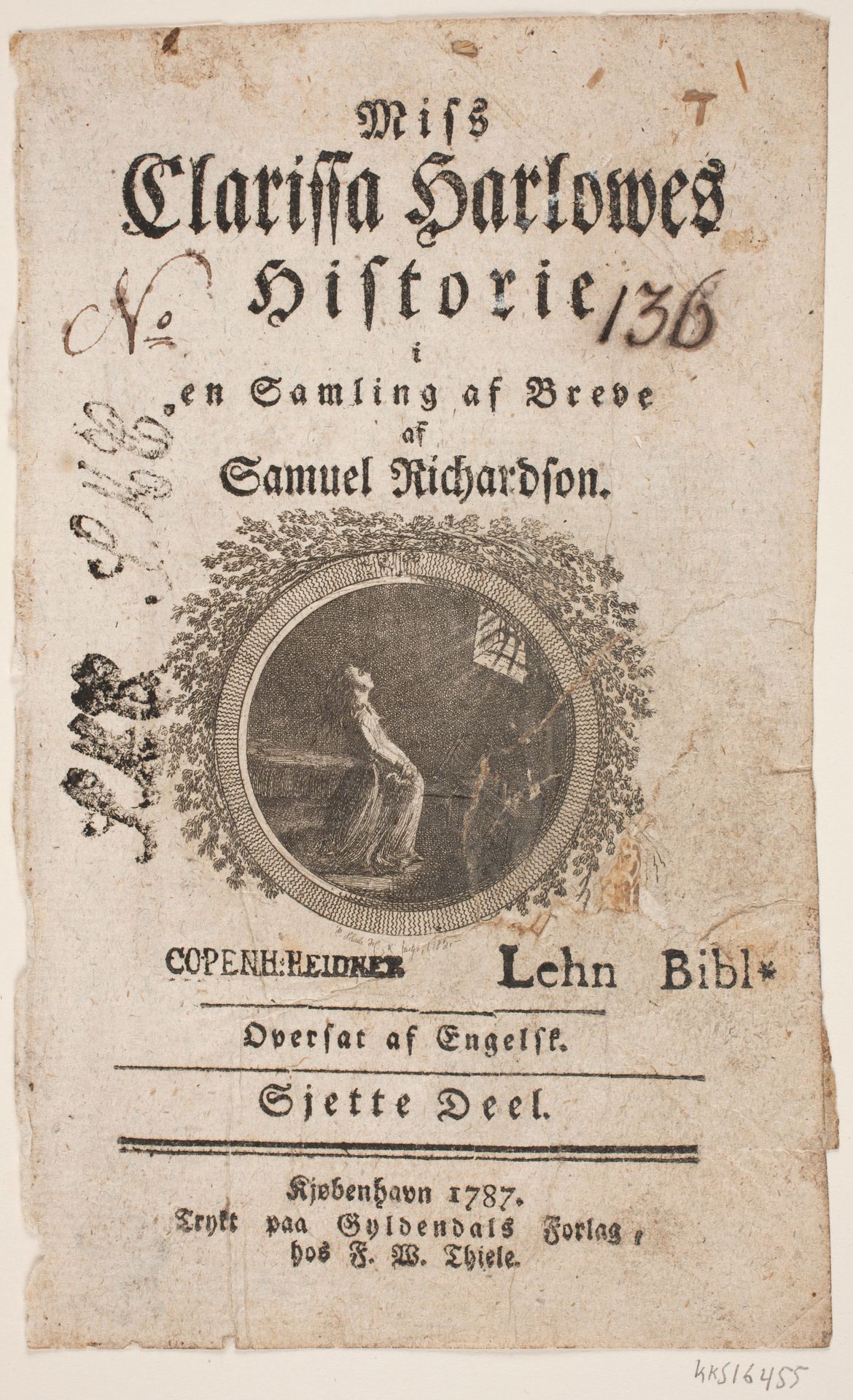 Titelblad med vignet til S. Richardson: "Miss Clarissa Harlowes Historie", sjette del by Georg Christian Schule