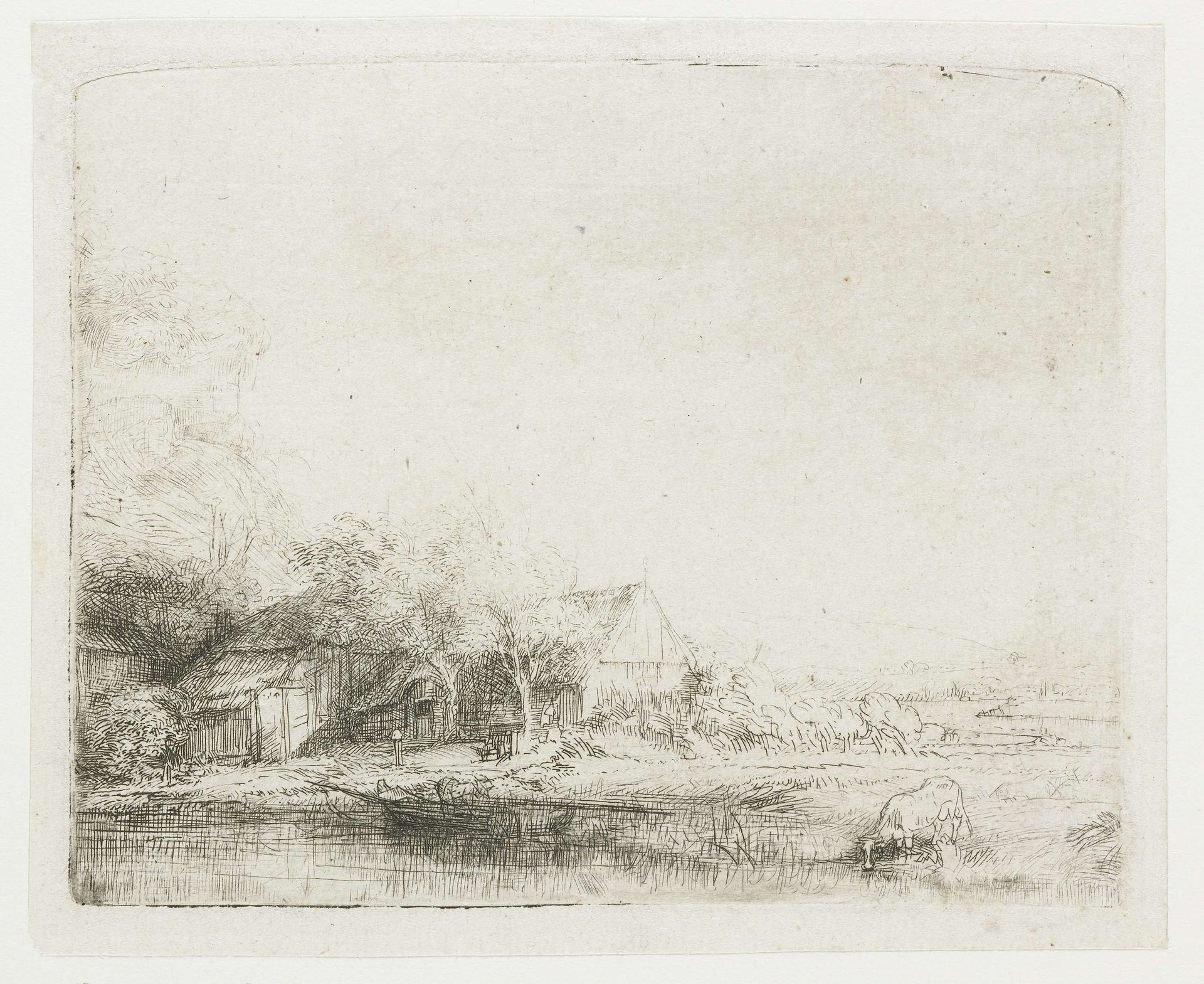 Landscape with a cow drinking by Rembrandt van Rijn