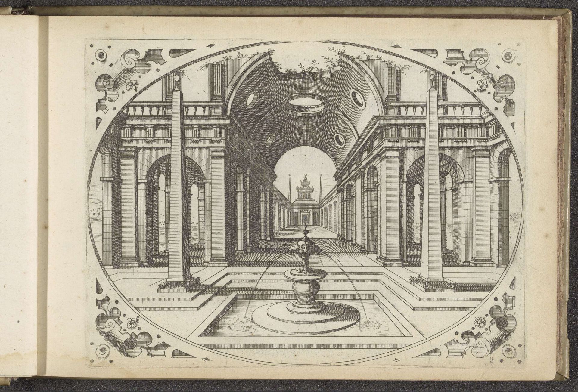 Portaal met tongewelf en gezicht in een straat met arcades by Johannes of Lucas van Doetechum