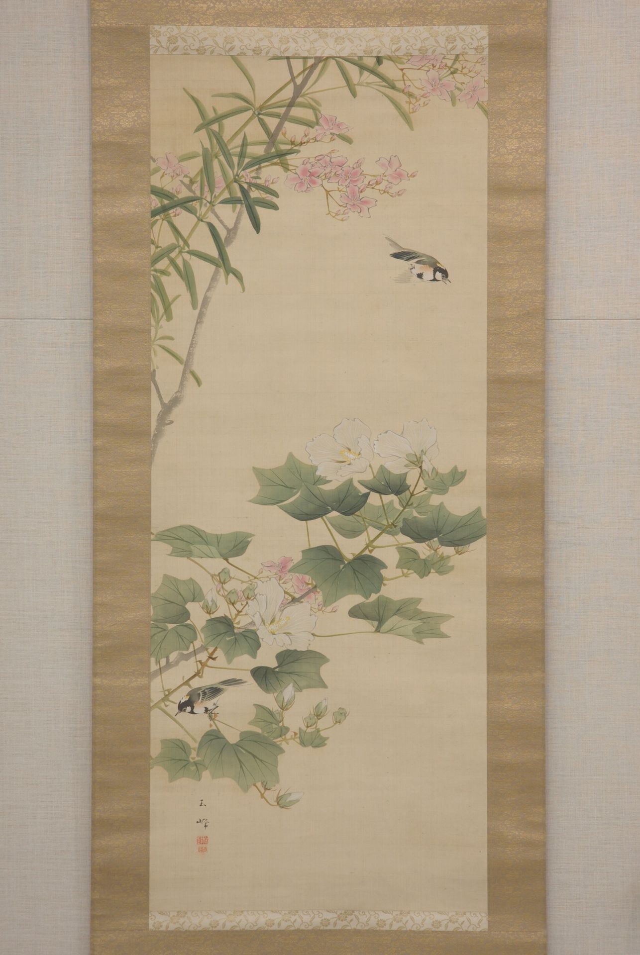 Flowering Shrubs and Field Sparrows (?) by Hasegawa Gyokuho
