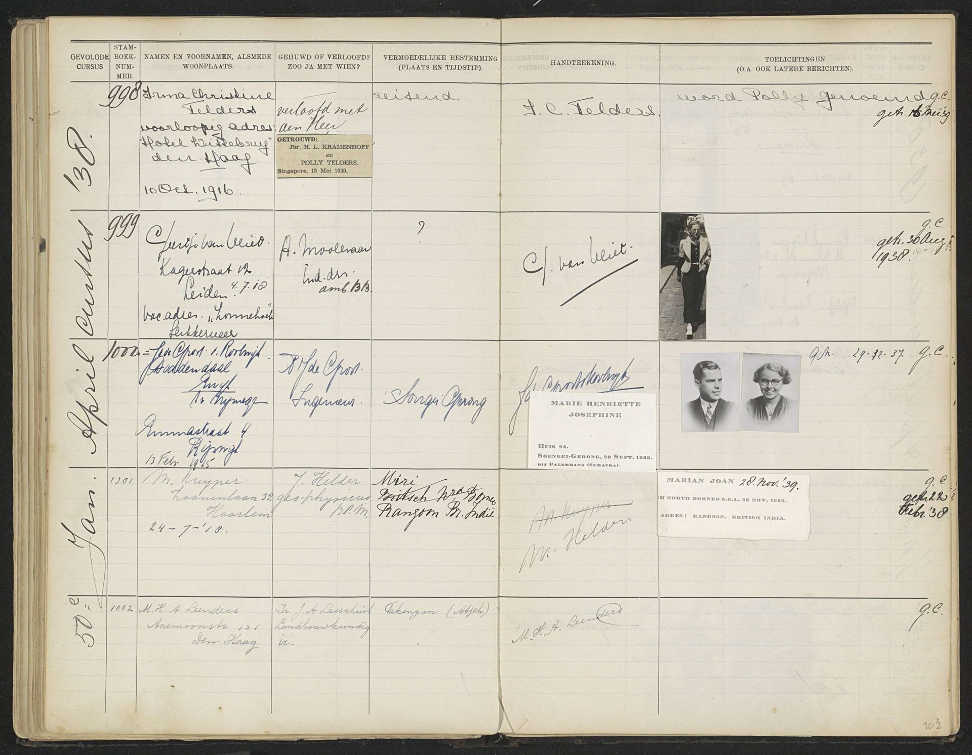 Blad 102 uit Stamboek van de leerlingen der Koloniale School voor Meisjes en Vrouwen te 's-Gravenhage deel II (1930-1949) by Anonymous