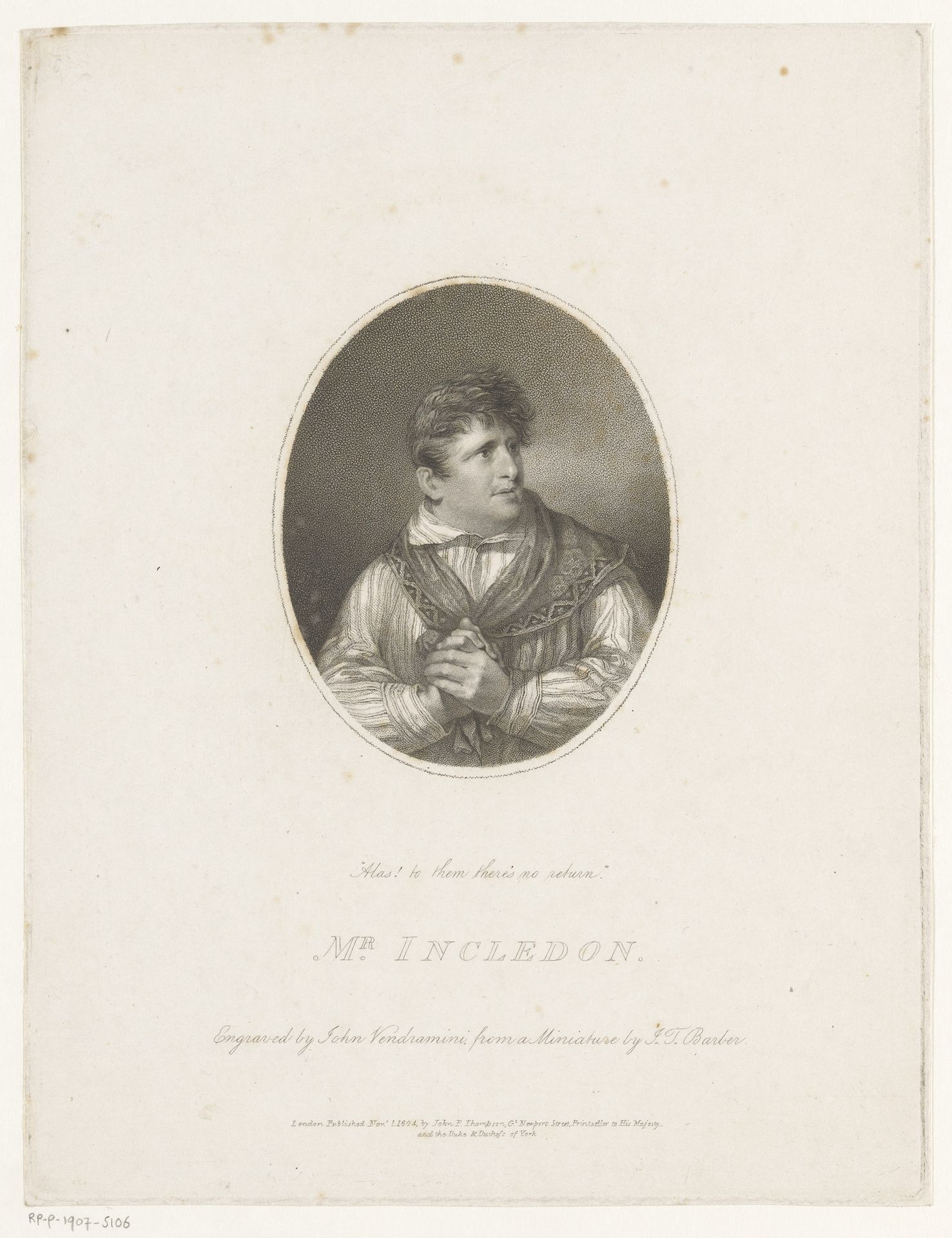 Portret van zanger Charles Incledon by Giovanni Vendramini