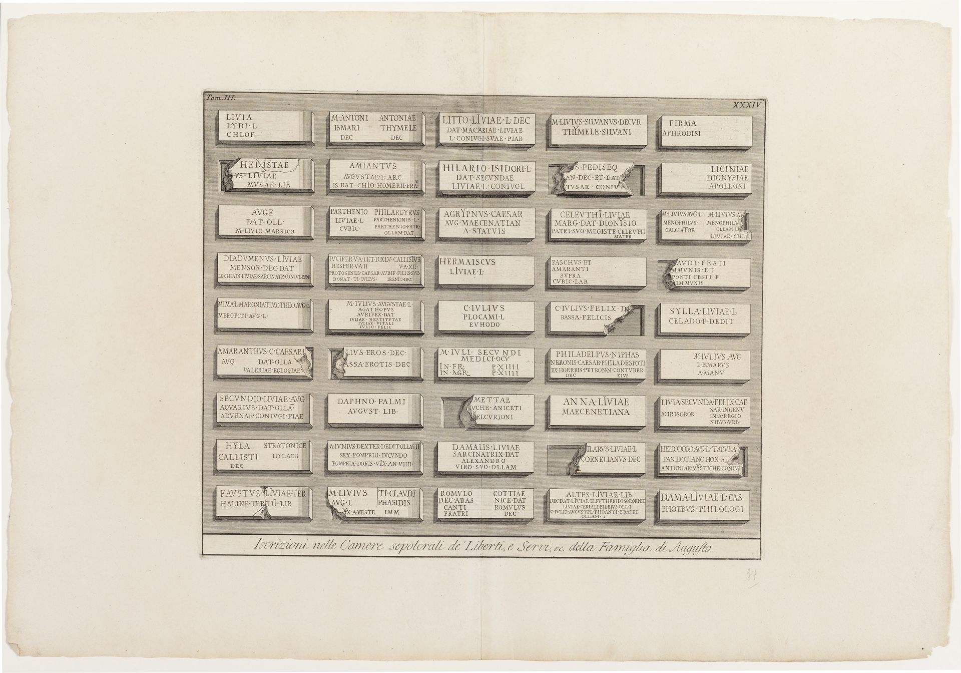 Iscrizioni delle Camere sepolcrali de' Liberti e Servi, ec. della Famiglia di Augusto, XXXIV by Giovanni Battista Piranesi