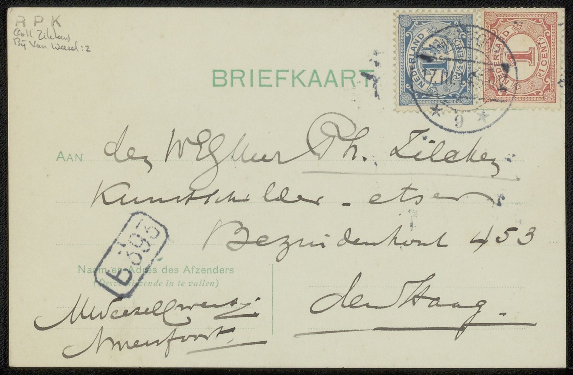 Briefkaart aan Philip Zilcken by Adolphe P.H J. van Weezel Errens