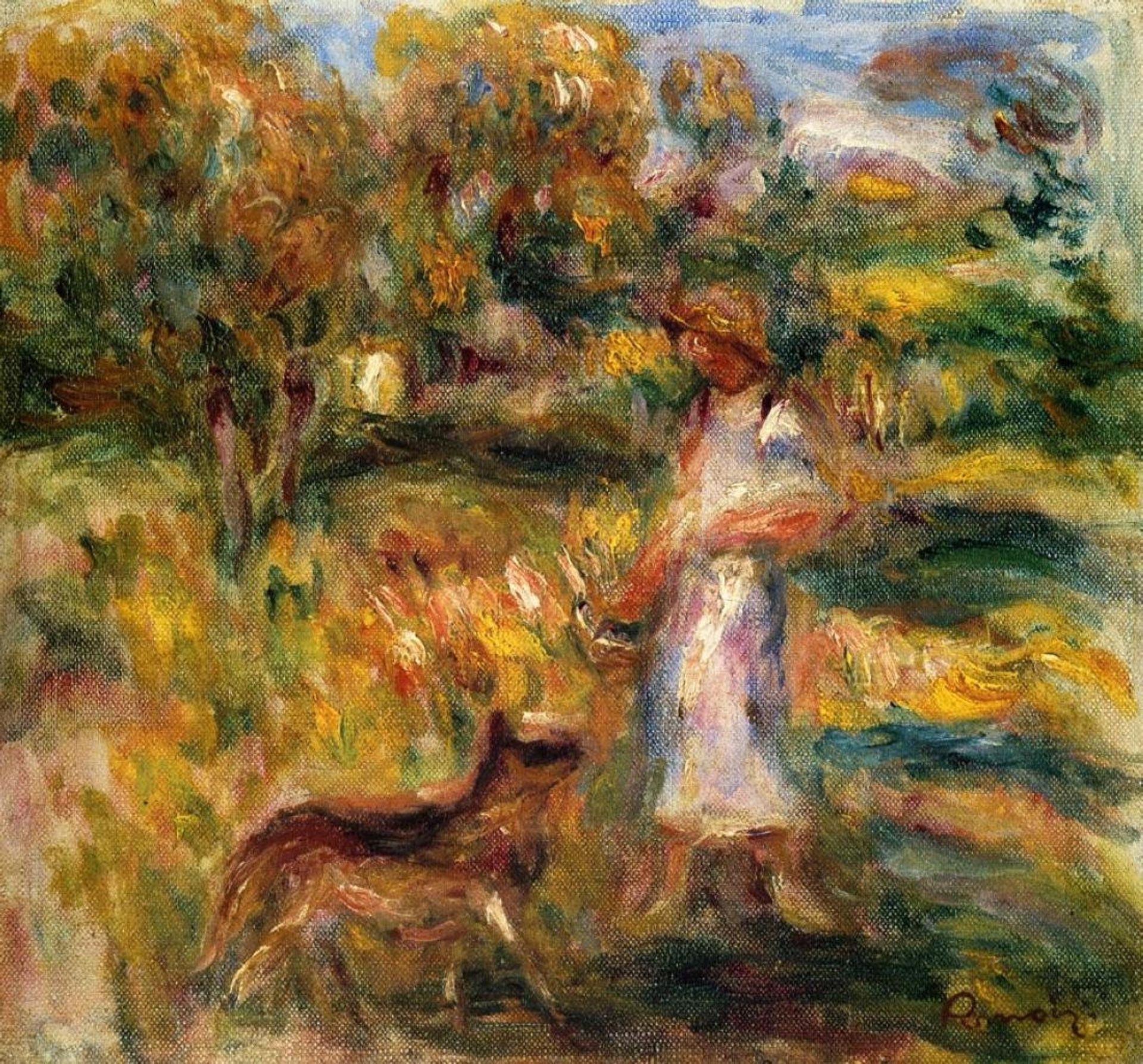 Woman in Blue and Zaza in a Landscape by Pierre-Auguste Renoir