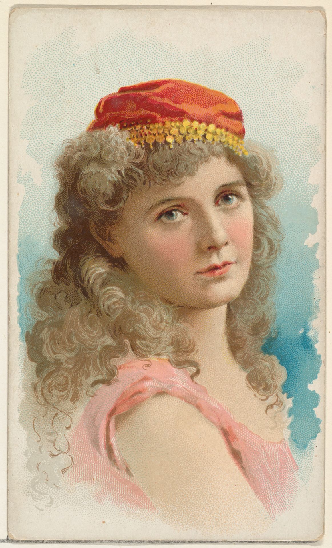 Actress wearing red silk cap with gold detailing, from Stars of the Stage, First Series (N129) issued by W. Duke, Sons & Co. to promote Honest Long Cut Tobacco by W. Duke, Sons & Co.